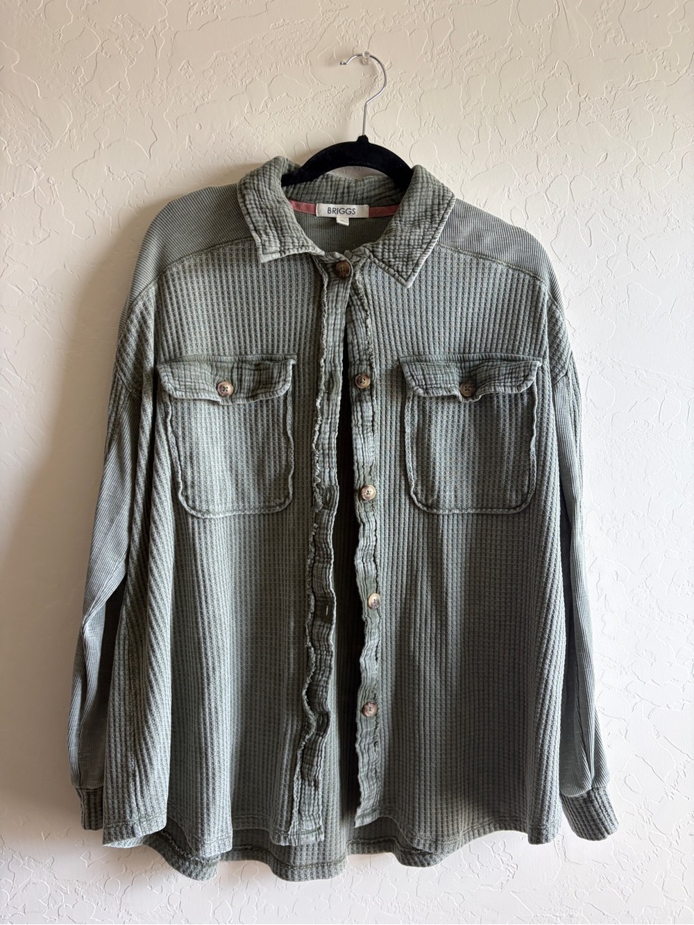 Briggs New York Olive Green Waffle Knit Shirt Jacket with Mauve Trim